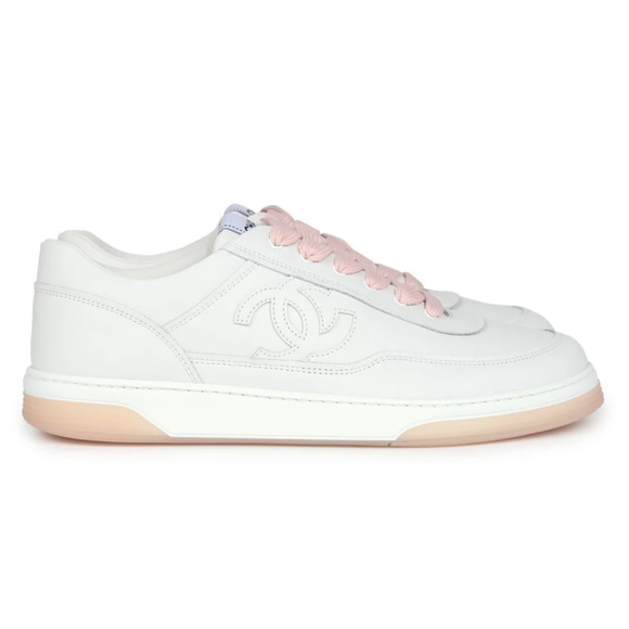Chanel 24P White Pink Leather CC Logo Flat Lace Up Runner Trainer Sneaker 42 - Picture 3 of 15